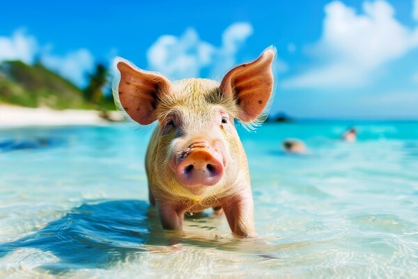 Happy pigs bathe in the ocean in a tropical paradise. Picture Board by Michael Piepgras