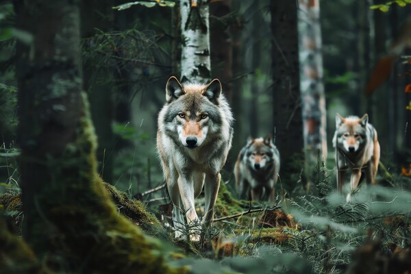 Some wolves roam around in a forest. Picture Board by Michael Piepgras