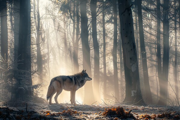 A lonely wolf in a misty forest with sunbeams. Picture Board by Michael Piepgras