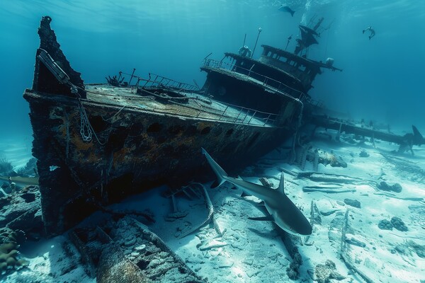 A ship wreck on the seabed with a shark swimming around it Picture Board by Michael Piepgras