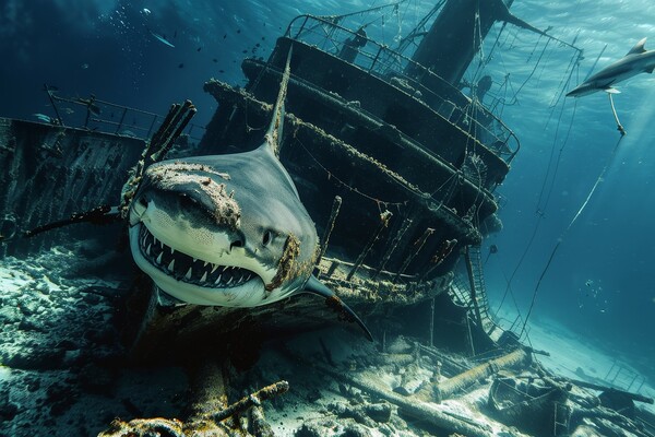 A ship wreck on the seabed with a shark swimming around it Picture Board by Michael Piepgras