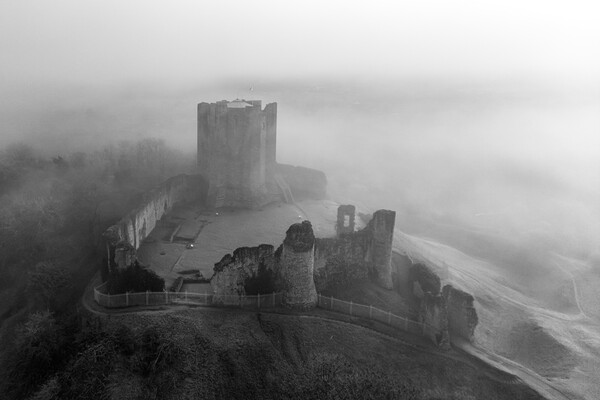 Conisbrough Castle Fog Black and White Picture Board by Apollo Aerial Photography
