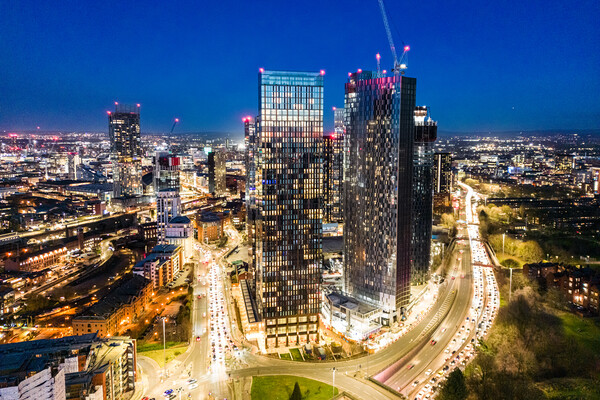 Manchester Skyline at Night Picture Board by Apollo Aerial Photography