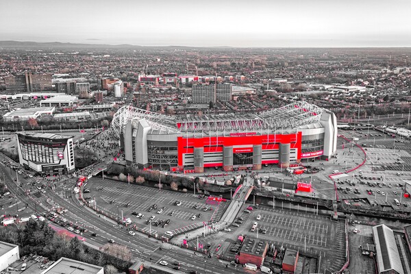Old Trafford Selective Red Picture Board by Apollo Aerial Photography