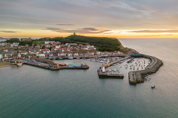 Scarborough Harbour Sunrise Picture Board by Apollo Aerial Photography