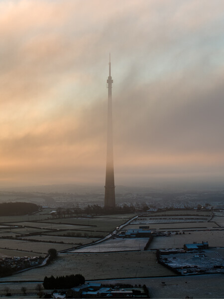 Emley Moor Mast Sunrise Mist Picture Board by Apollo Aerial Photography
