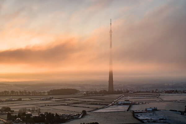 Emley Moor Misty Sunrise Picture Board by Apollo Aerial Photography