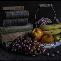 Buy canvas prints of Still life Books and fruit by Horace Goodenough