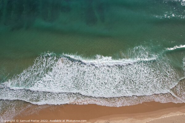 Beach and waves from top view. Turquoise water background Picture Board by Samuel Foster