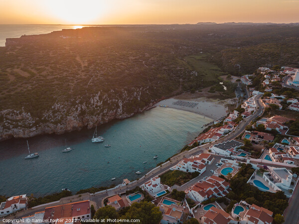 Aerial drone beach and sea view at sunset Cala En  Picture Board by Samuel Foster
