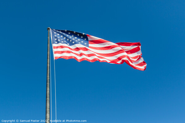 American USA Flag flying on a clear blue sky Picture Board by Samuel Foster