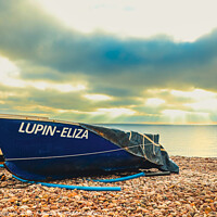 Buy canvas prints of Boat on Budleigh Beach with Sun Rays by Adrian Burgess