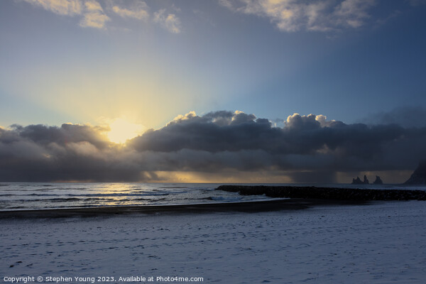 Arctic Elegance: Icelandic Sunset Over Snowy Shore Picture Board by Stephen Young