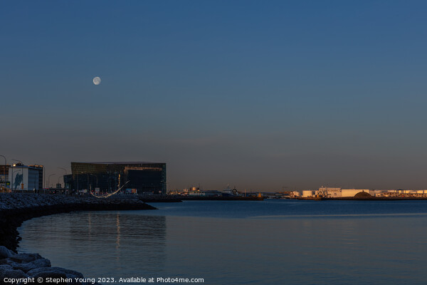 Reykjavik's Winter Twilight: Moonlit Waterfront Picture Board by Stephen Young