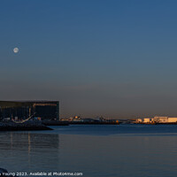 Buy canvas prints of Reykjavik's Winter Twilight: Moonlit Waterfront by Stephen Young