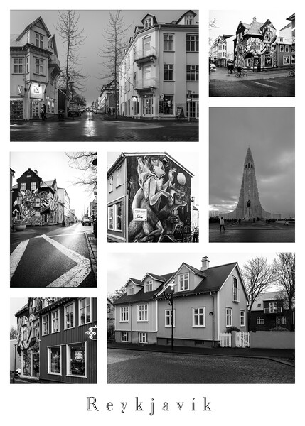 Reykjavík Noir: A Collage of City Streets in Monochrome Picture Board by Stephen Young