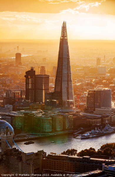 Aerial London view of the Shard skyscraper sunset   Picture Board by Spotmatik 