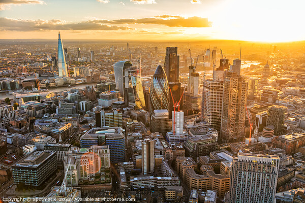 Aerial London at sunset city skyscrapers financial district  Picture Board by Spotmatik 