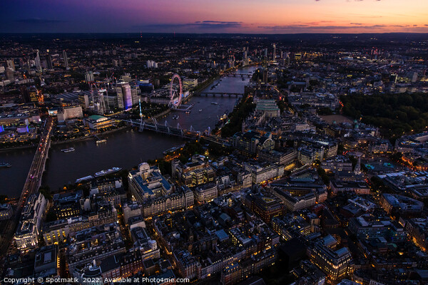 Aerial dusk cityscape view London city river Thames  Picture Board by Spotmatik 