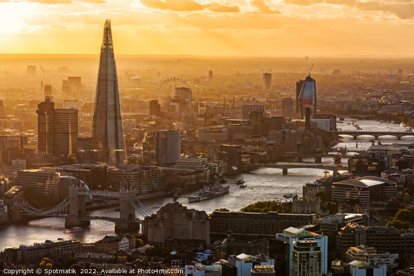 Aerial London sunset Tower Bridge river Thames UK Picture Board by Spotmatik 