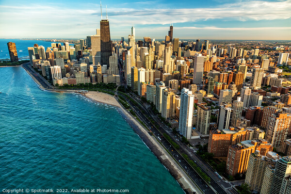 Aerial Chicago skyscrapers Oak Street Beach Lake Michigan  Picture Board by Spotmatik 