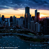Buy canvas prints of Panoramic Aerial Chicago sunset view of harbor shoreline marina by Spotmatik 
