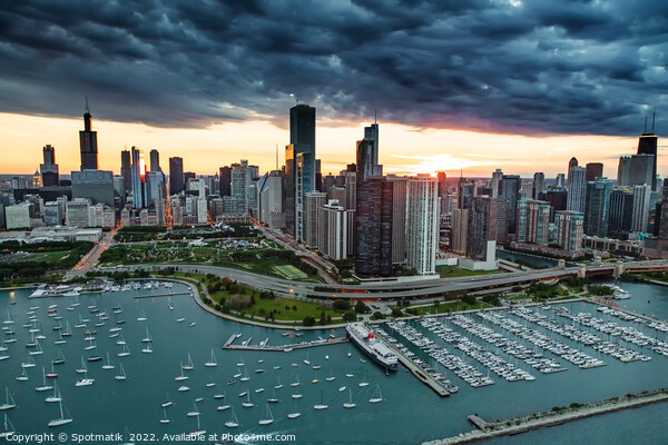 Aerial sunset storm Chicago Waterfront Millennium Park USA Picture Board by Spotmatik 