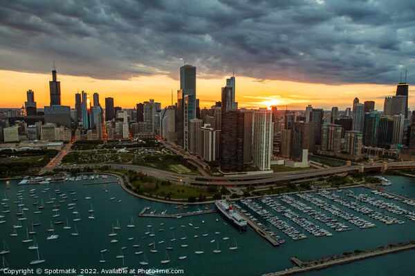 Aerial Chicago sunset view of harbor shoreline marina Picture Board by Spotmatik 