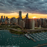 Buy canvas prints of Aerial Chicago sunset view of harbor shoreline marina by Spotmatik 