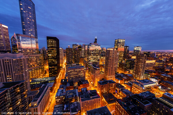 Aerial Chicago skyscrapers illuminated at dusk Trump Tower  Picture Board by Spotmatik 