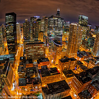 Buy canvas prints of Aerial wide angle night view illuminated Chicago skyline  by Spotmatik 
