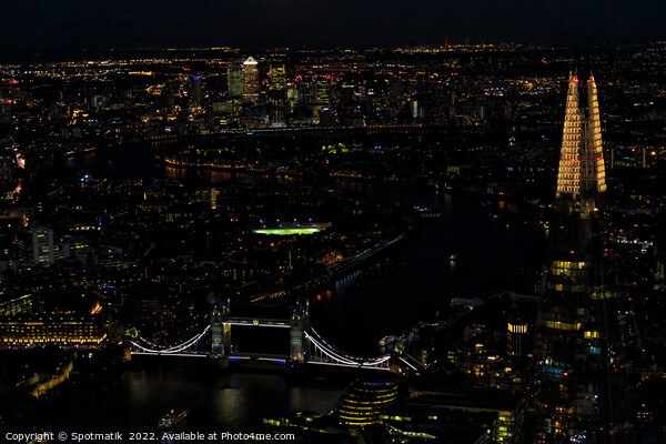 Aerial illuminated London Tower Bridge river Thames travel Picture Board by Spotmatik 