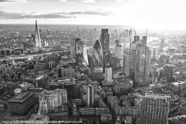 Aerial London at sunset city skyscrapers financial district  Picture Board by Spotmatik 