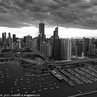 Buy canvas prints of Aerial Chicago skyscrapers sunset harbor shoreline marina by Spotmatik 