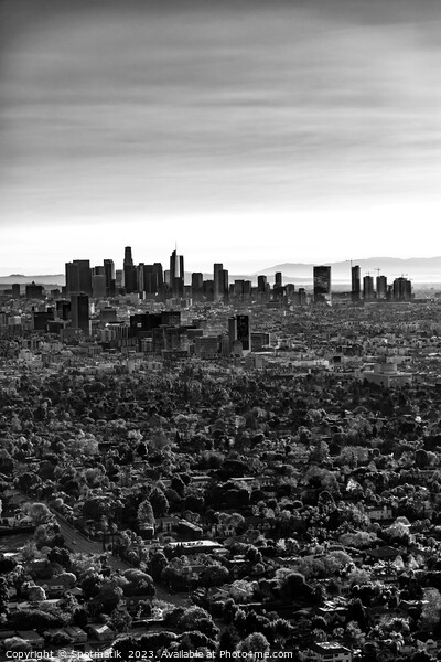 Aerial sunrise Los Angeles city skyline California Picture Board by Spotmatik 