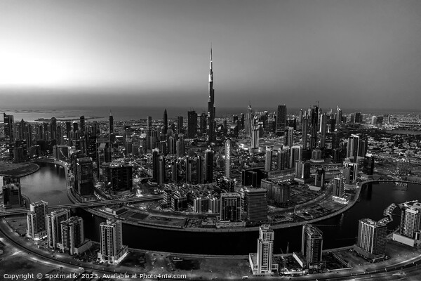 Aerial Dubai sunset city skyscrapers Burj Khalifa Picture Board by Spotmatik 