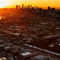 Buy canvas prints of Aerial sunrise Los Angeles Urban skyline USA by Spotmatik 
