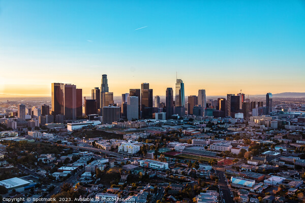 Aerial sunrise Los Angeles city skyscraper USA Picture Board by Spotmatik 