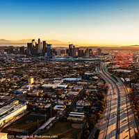 Buy canvas prints of Aerial sunrise view of downtown Los Angeles Freeway  by Spotmatik 