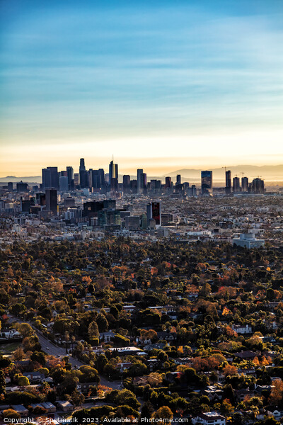 Aerial sunrise Los Angeles city skyline California America Picture Board by Spotmatik 