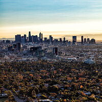 Buy canvas prints of Aerial sunrise Los Angeles city skyline California America by Spotmatik 
