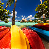 Buy canvas prints of Bora Bora kayak boats Overwater Bungalows tropical lagoon  by Spotmatik 