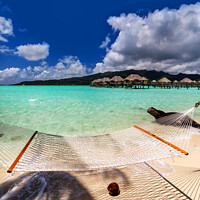 Buy canvas prints of Bora Bora beach hammock luxury Overwater resort Bungalows  by Spotmatik 