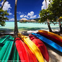 Buy canvas prints of kayaks Bora Bora active vacation luxury resort Polynesia by Spotmatik 