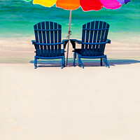Buy canvas prints of Bahamas colorful sun umbrella and two beach beds  by Spotmatik 