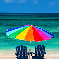 Buy canvas prints of Holiday travel resort chairs with beach sun umbrella  by Spotmatik 