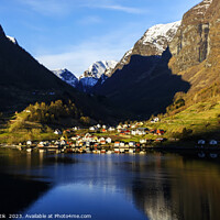 Buy canvas prints of Norway valley village community on glacial fjord Scandinavia by Spotmatik 