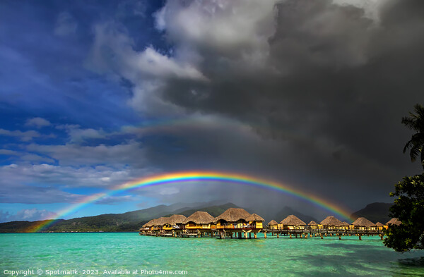 Rain shower creating Multicolored rainbow Bora Bora Resort Picture Board by Spotmatik 