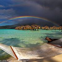 Buy canvas prints of South Pacific rainbow Bora Bora beach resort hammock  by Spotmatik 