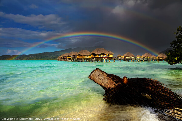 Rainbow over Bora Bora Island Hotel Overwater bungalows  Picture Board by Spotmatik 